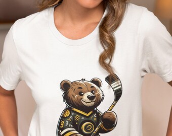 Unisex Hockey Enthusiast Cartoon Bear T-Shirt | Athletic Casual Wear | Vintage-Inspired Hockey Fan Apparel | Unique Sports Graphic Tee