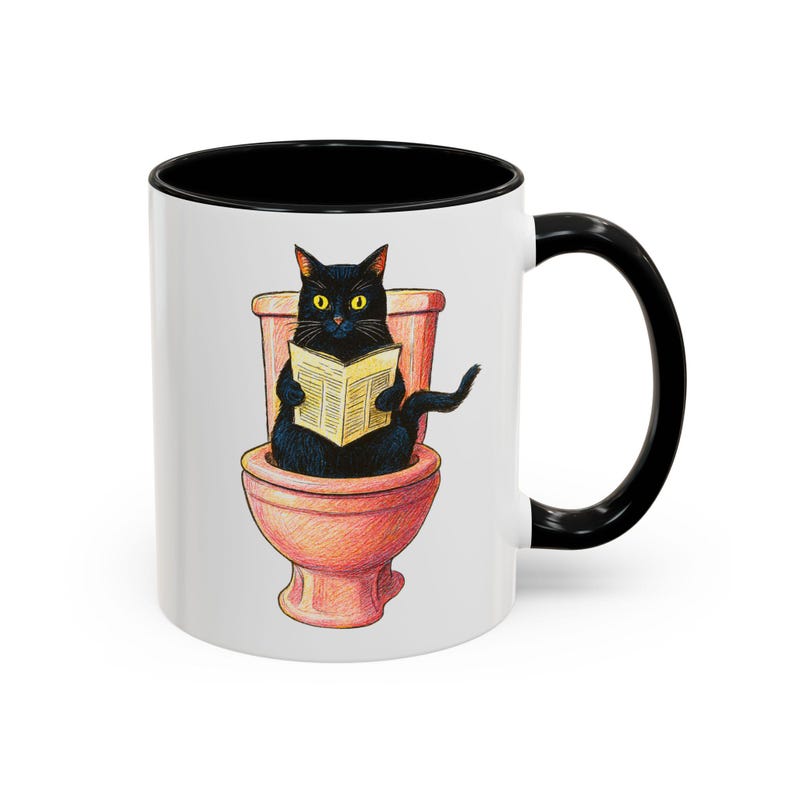 Funny Cat on Toilet Mug, Black Cat Reading Newspaper Coffee Cup, Unique