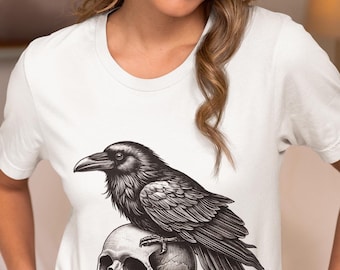 Gothic Raven & Skull T-Shirt - Dark Aesthetic Crow Graphic Tee - Edgar Allan Poe Inspired Shirt - Occult Macabre Art - Unisex Gothic Fashion