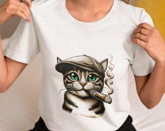 Tabby Cat with Cigar Graphic Unisex T-Shirt, Hipster Cat Illustration Tee Top, Vintage Style Animal Shirt for Men & Women, Unique Gift