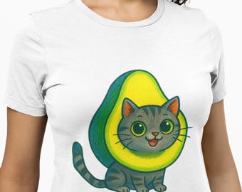 Cute Avocado Cat T-Shirt, Funny Kawaii Kitty Fruit Mashup Tee, Adorable Unisex Graphic Shirt for Cat Lovers, Foodies & Pun Humor Fans Top