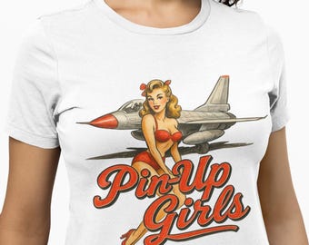 Vintage Pin-Up Girl with Fighter Jet T-Shirt, Retro Military Nose Art Graphic Tee, 1940s Bombshell Aviation Style Shirt, WWII Pilot Gift Top