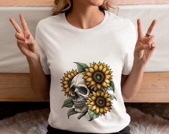 Sunflower Skull Unisex T-Shirt, Gothic Floral Skull Graphic Novelty Tee, Dark Aesthetic Shirt,Halloween Top Gift,Botanical Dark Floral Skull