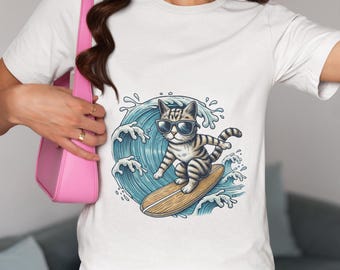 Cool Cat Surfing T-Shirt|Fun Cat Lover Tee Gift|Unique Beachwear for Men&Women|Kitty in Sunglasses Riding Waves Tee Surfboard Cat Shirt