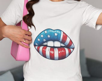 Patriotic American Flag Lips Shirt-4th of July Unisex T-Shirt,USA Flag Lips Graphic Tee,Independence Day Celebration Outfit, Red White Blue