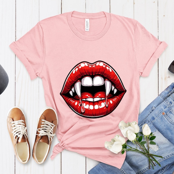 Vampire Teeth T-Shirt - Red Lips, Open Mouth, Gothic Unisex Tee Top, Fantasy Inspired, Trendy Vampire Fangs, Bold Graphic Shirt, All Sizes