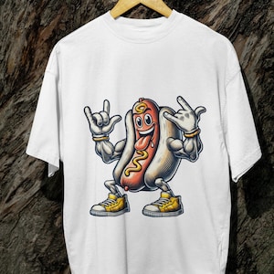Funny Muscular Hot Dog T-Shirt, Rock n Roll Foodie Tee with Buff Sausage Character, Unisex Humor Shirt for BBQ Lovers, Gym Bros,Grill Fans