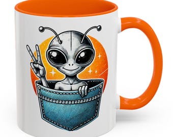 Alien Coffee Mug-Cute Sci-Fi Space Lover Gift, Extraterrestrial UFO Mug, Peace Sign Alien in Pocket,Cosmic Galaxy Aesthetic Cup for UFO Fans