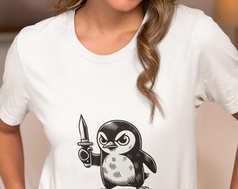 All Fight No Flight Penguin Unisex T-Shirt Funny Knife-Wielding Bird Novelty Tee,Cool Animal Meme Novelty Shirt for Penguin Lover,Quirky Top