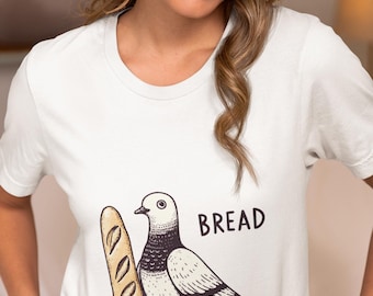 Unisex Funny Pigeon with Bread T-Shirt, Hilarious Bird Lover Novelty Tee, Quirky Animal Print Shirt, Unique Top Gift for Pigeon Enthusiasts