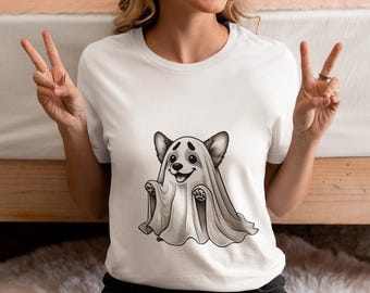 Corgi Dressed as Ghost Unisex T-Shirt,Cute Halloween Dog Lover Gift Shirt Idea for Her/Him,Spooky Season Costume Novelty Tee,Funny Ghost Top