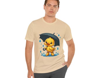 【CPGN STUDIO】Rain Duck Embroidery Short Sleeve T-shirt Cute Duckling Rain Gear T-shirt - Unisex Yellow Duck With