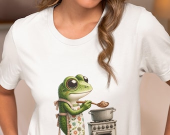 Charming Kitchen Frog Chef Apron Illustration Tee Top - Whimsical Unisex T-Shirt, Quirky Cook Gift, Unique Animal Graphic Shirt, Casual Wear