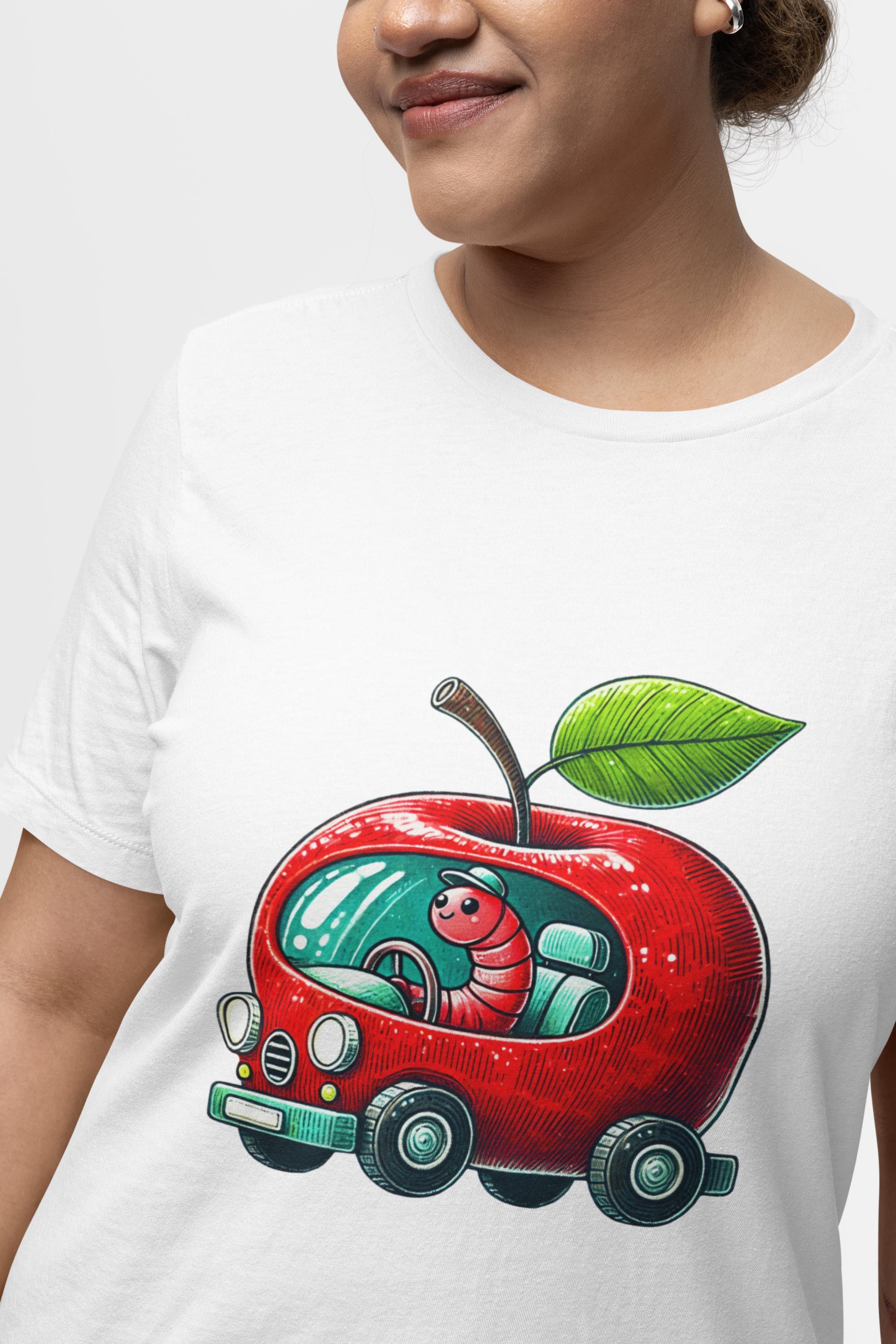 Quirky Cute Worm Driving a Red Apple Car Cartoon Unisex Tee, Retro