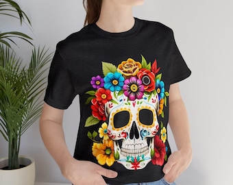 Cute Colorful Sugar Skull Flowers Unisex Dia de los Muertos T-shirt,Day of the Dead, Mexican TShirt, Halloween Shirt Costume, 2023 Sugar Tee