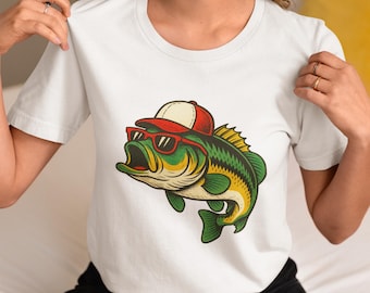 Bass Fishing T-Shirt for Men, Women, Cool Largemouth Fish with Sunglasses & Hat Tee, Retro Angler Shirt Gift for Fishermen Outdoors Lovers