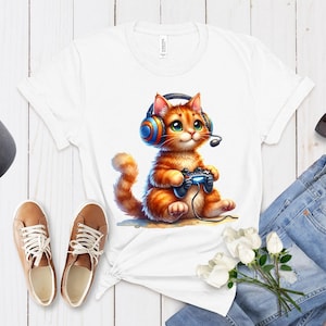 Cool Gaming Cat T-Shirt - Unisex DTG Print Shirt, Gamer Kitty with Headset Design, Unique Video Game Lover Tee, Fun Cat Gamer Apparel
