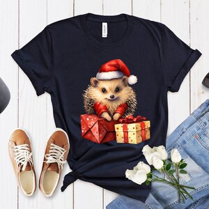 Hedgehog With Christmas Santa Hat & Gift Boxes Unisex T-Shirt For Men/Women Festive Holiday Shirt | Xmas Season Apparel Gift Idea Tee Top