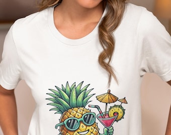 Unisex Tropical Pineapple T-Shirt with Sunglasses&Cocktail, Summer Beachwear Novelty Shirt, Fun Tee for Vacation, Luau, Party,Hawaiian Aloha