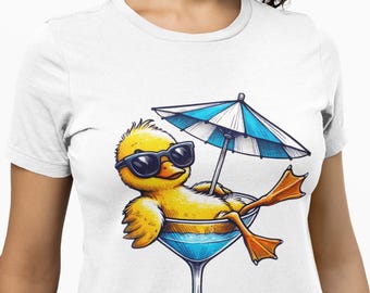 Duck Cocktail T-Shirt, Relaxing Duck in Drink Glass Summer Tee, Cute Pool Party Animal Shirt, Unisex Beach Vacation Humor Gift Idea Top