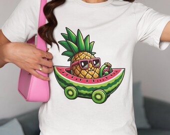 Tropical Fun Unisex T-Shirt | Pineapple Sunglasses & Watermelon Car Print | Graphic Tee for Summer Parties, Beach Days | Fruit Lovers Top
