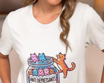 Unisex Funny Cat Antidepressant T-Shirt, Cute Kitten in Jar, Mental Health Awareness Shirt, Cat Lover Gift, Cute Cat Graphic Novelty Tee Top