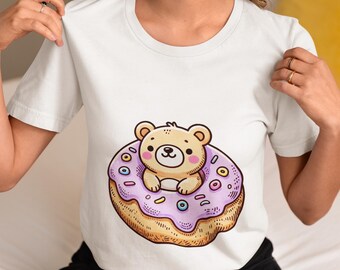 Unisex Bear in Donut T-Shirt, Adorable Cartoon Bear Sitting in Sprinkle Donut Novelty Tee, Fun Kawaii Shirt Design for Animal&Dessert Lovers