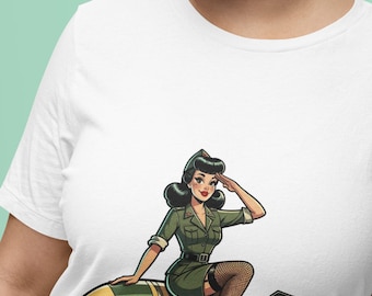 Vintage Bombshell Pin-Up Girl T-Shirt | Retro Military Fashion Tee Top | Classic American Nose Art Inspired|Unisex Adult Shirt Clothing Gift
