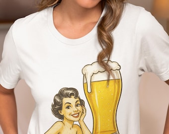 Retro Beer Pin-Up Girl T-Shirt, Vintage Style Unisex Tee with 1950s Woman and Pint of Beer, Perfect Shirt Gift for Beer Lovers & Bar Nights