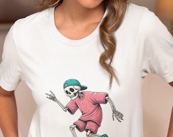 Skateboarding Skeleton T-Shirt | Unisex Graphic Tee Top | Streetwear Skate Shirt | Urban Fashion Enthusiast Essential Gift for Her/Him