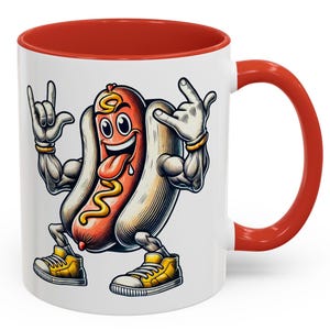 Funny Hot Dog Mug with Muscles and Sneakers ,Cool Cartoon Food Art Coffee Cup for Foodies, BBQ Fans & Humor Lovers, Rock On Sausage Design