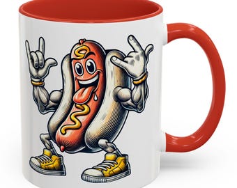 Funny Hot Dog Mug with Muscles and Sneakers ,Cool Cartoon Food Art Coffee Cup for Foodies, BBQ Fans & Humor Lovers, Rock On Sausage Design