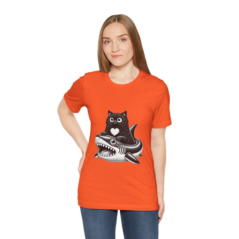 Cute Black Cat Riding Shark Inflatable T-Shirt, Funny Gothic Cat Shirt, Kawaii Cat Lover Gift, Shark Float Cat Tee, Unisex Cat Graphic Top image 5