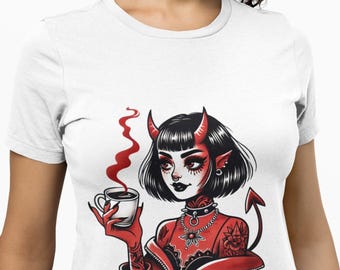 Gothic Devil Girl T-Shirt, Dark Aesthetic Coffee Lover Tee, Edgy Demon Art Graphic Shirt, Alternative Tattoo Style Unisex Top,Red Goth Shirt