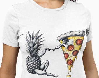 Funny Pizza and Pineapple Creation Parody T-Shirt, Michelangelo Art Meme Tee, Hilarious Unisex Shirt for Food Lovers&Anti-Hawaiian Fans Top