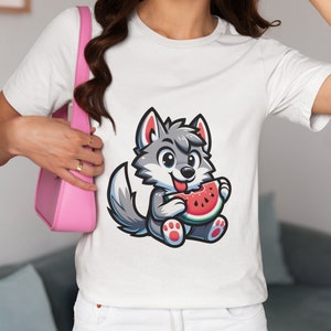 Cute Husky Puppy T-Shirt Unisex, Watermelon Summer Tee Top, Cartoon Dog Lover Gift Idea, Casual Animal Graphic Shirt, Soft Cotton