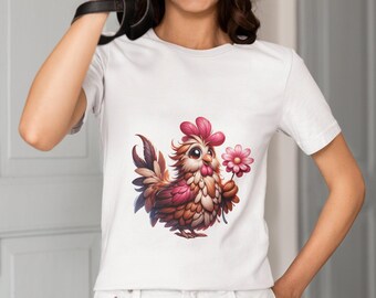 Whimsical Chicken with Flower T-Shirt - Cute Farm Animal Tee Top, Unisex Floral Chicken Shirt, Perfect Gift Idea for Farm Animal Lovers