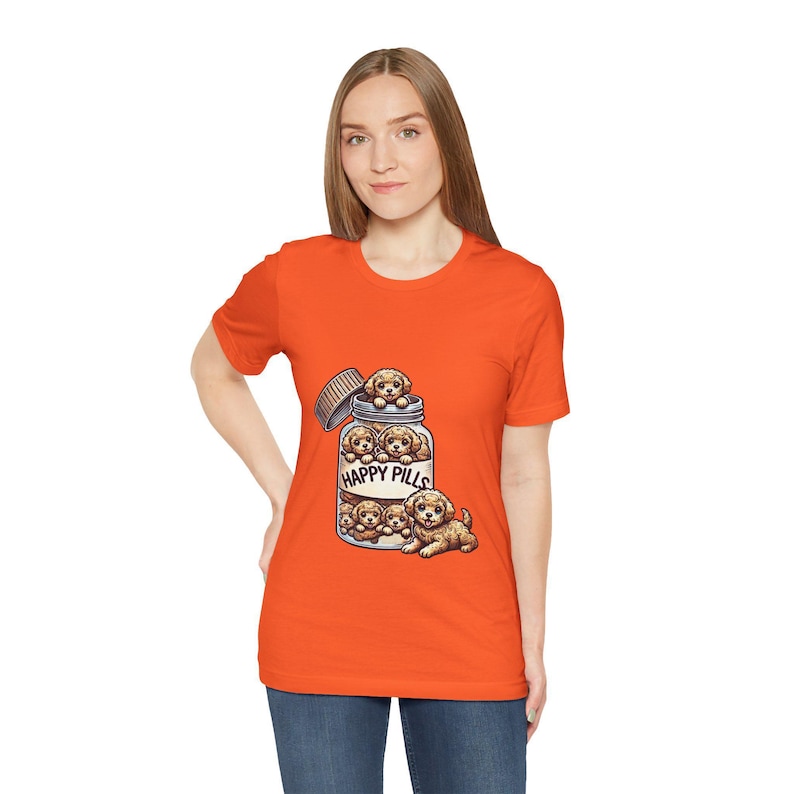 Happy Pills Unisex T-Shirt Featuring Cute Puppies in a Pill Bottle, Dog Lover Novelty Tee Gift Idea, Unique Pet Humor Shirt Top image 5