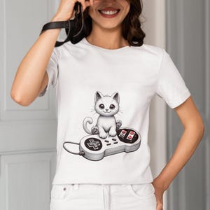 Retro Gaming Cat Controller T-Shirt | Cute Kitty Gamer Tee Top | Unisex Vintage Video Game Shirt | Casual Geek Chic Apparel Gift for Her/Him