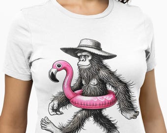 Bigfoot with Flamingo Pool Float Graphic Tee, Retro Sasquatch Beach Shirt for Men & Women, Summer Cryptid T-Shirt for Pool or Vacation Vibes