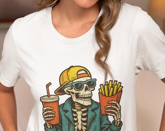Skeleton Eating Fast Food T-Shirt | Cool Skull with Fries and Soda Graphic Tee | Hip Streetwear Skeleton Design | Halloween Foodie Gift