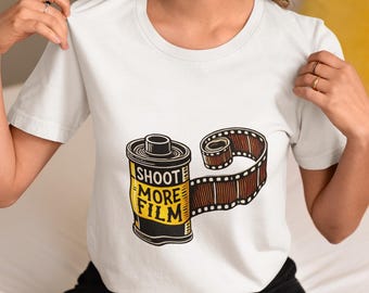 Shoot More Film T-Shirt - Retro Photography Graphic Tee,Analog Film Lover Design,Unisex Vintage Camera Shirt,Perfect Gift for Photographers