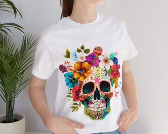 Cute Colorful Sugar Skull Flowers Unisex Dia de los Muertos T-shirt,Day of the Dead, Mexican TShirt, Halloween Shirt Costume, 2023 Sugar Tee