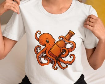 Funny Octopus Beer T-Shirt, Cute Drunk Octopus Graphic Tee, Unisex Nautical Bar Shirt, Sea Creature Drinking Design for Beach & Party Lovers
