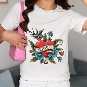Vintage Tattoo-Style Mother&#39;s Day Unisex Shirt, Retro Heart & Bird, Traditional Flower Art Graphic Novelty Tee, Perfect Top Gift for Mom