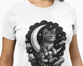 Mystical Moon Cat T-Shirt, Black and White Celestial Kitten Sitting on Crescent Moon, Unisex Witchy Aesthetic Shirt for Cat&Moon Lovers Top