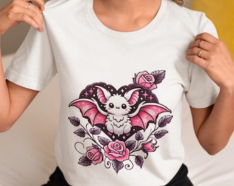 Cute Gothic Bat T-Shirt, Kawaii Bat with Pink Wings & Roses,Adorable Gothic Animal Tee,Pastel Goth Aesthetic Shirt,Unisex Bat Lover Gift Top
