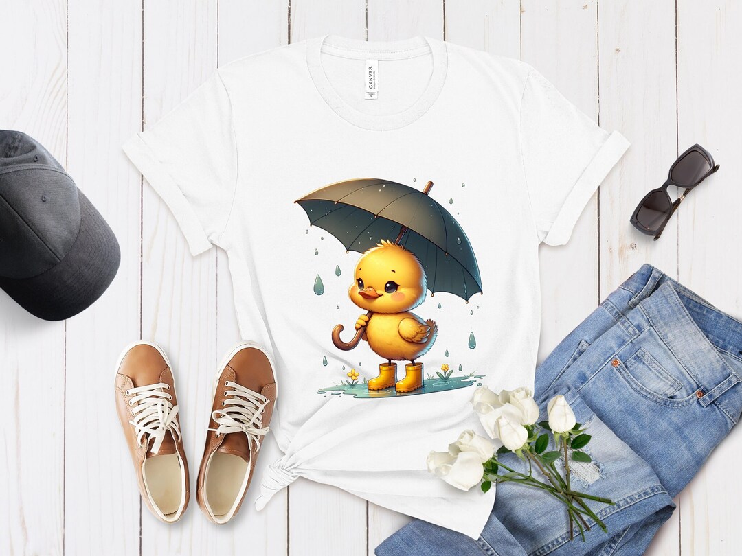 Cute Duckling Rain Gear T-shirt - Unisex Yellow Duck With Umbrella ...