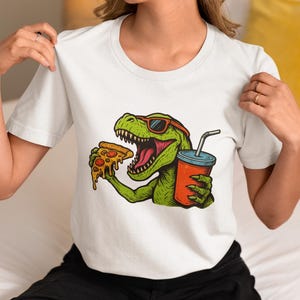 Funny T-Rex Eating Pizza and Drinking Soda T-Shirt, Cool Dinosaur Graphic Tee with Sunglasses, Perfect Shirt Gift for Pizza Lovers,Dino Fans
