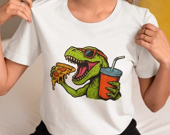Funny T-Rex Eating Pizza and Drinking Soda T-Shirt, Cool Dinosaur Graphic Tee with Sunglasses, Perfect Shirt Gift for Pizza Lovers,Dino Fans